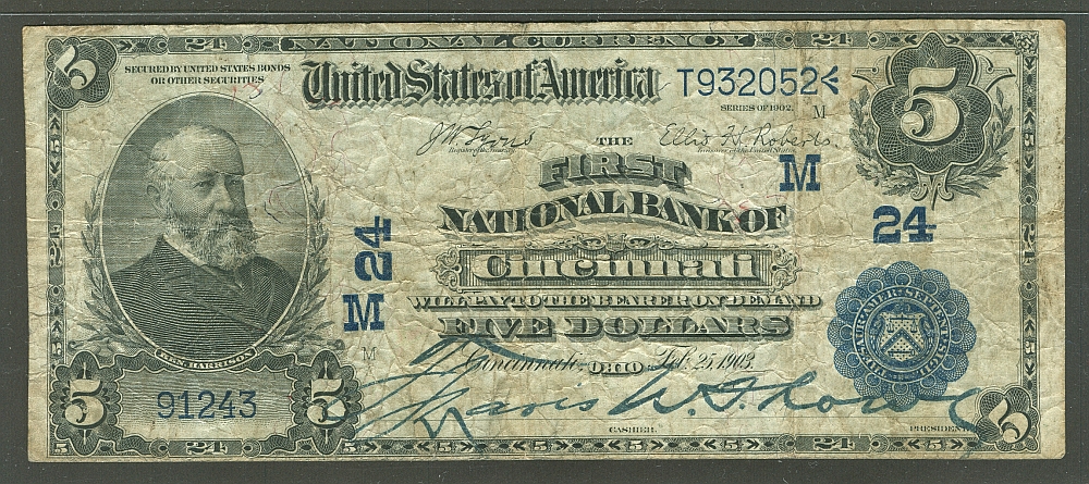 Cincinnati, OH, Ch.#24, 1902DB $5 The First National Bank, 91243, VF